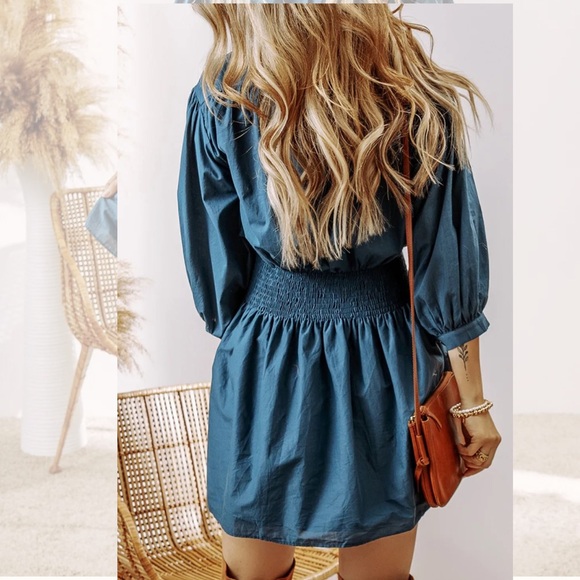 Smocked Half Button Three-Quarter Sleeve Mini Dress - Picture 5 of 13